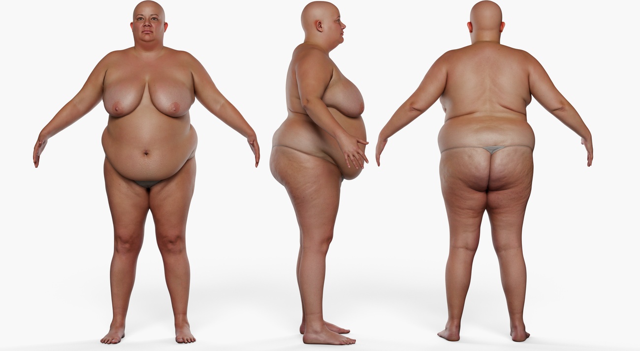 Full body 3D scan of a fuller-figured female with smooth skin, retopologised quad mesh, front and side views